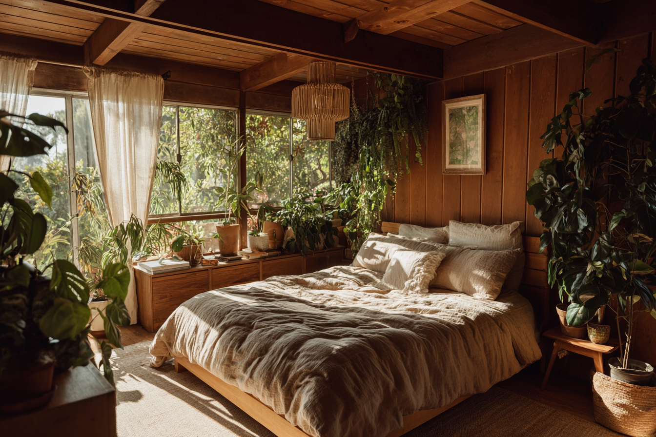 Bedroom filled with houseplants, natural sunlight, wood and linen decor, earthy tones, biophilic design inspiratio