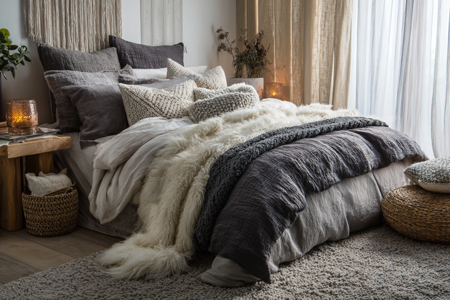 Cozy layered bedding with plush throws and cushions, soft rug, linen curtains, tactile fabrics, modern rustic style
