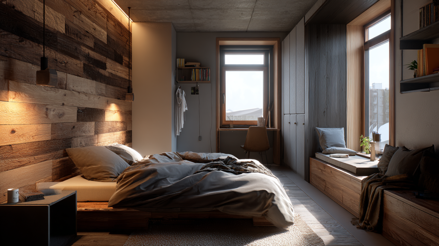 Minimilist bedroom interior, decluttered design, warm