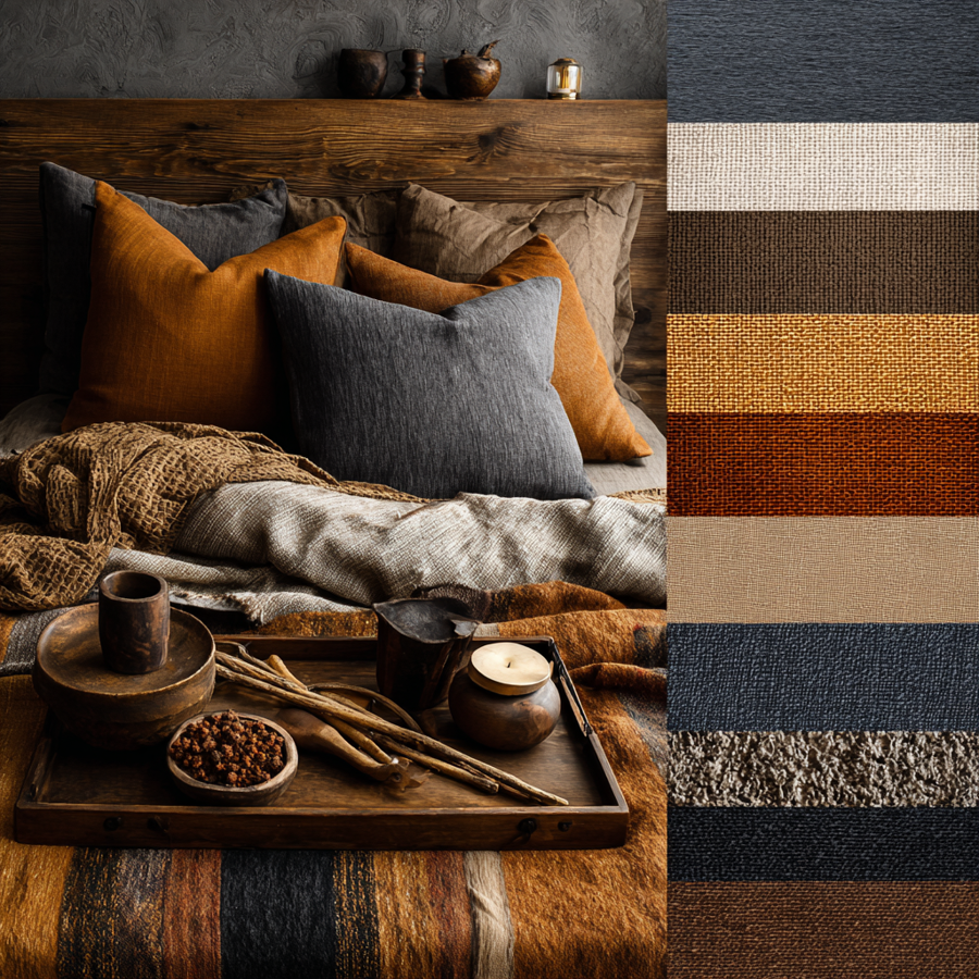 Moodboard of cozy bedroom styles, color swatches and fabric