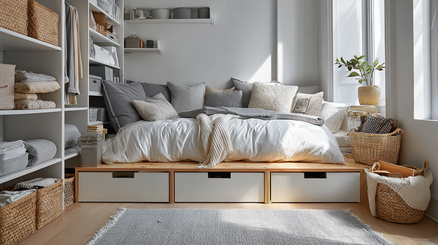 Neatly organized small bedroom with smart storage solutions, under-bed drawers, open shelving, calm minimal aesthetic