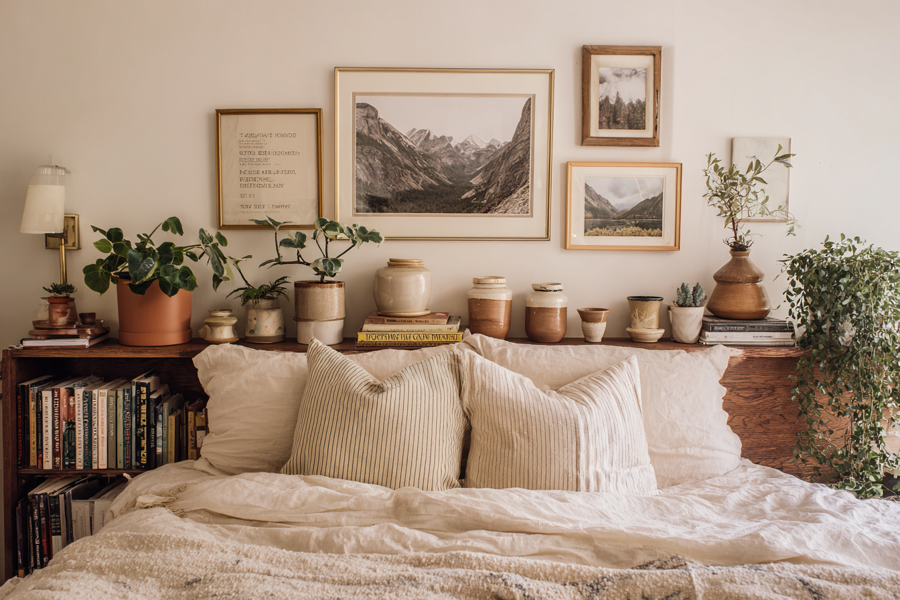 Personalized bedroom decor with framed photos, handmade pottery, plants, and books, cozy and sentimental styling