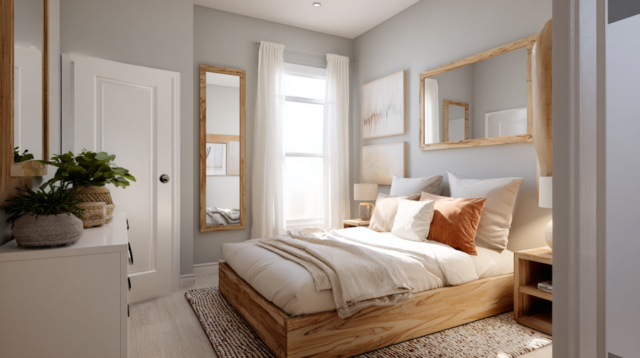 Small bedroom layout with smart furniture placement, wall mirrors, light color palette, airy feeling, Scandinavian-inspired design