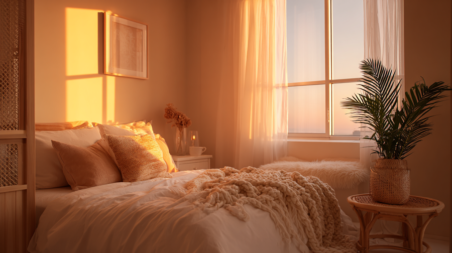 Small cozy bedroom sanctuary at sunset, soft golden light, tranquil and welcoming, minimalist yet warm