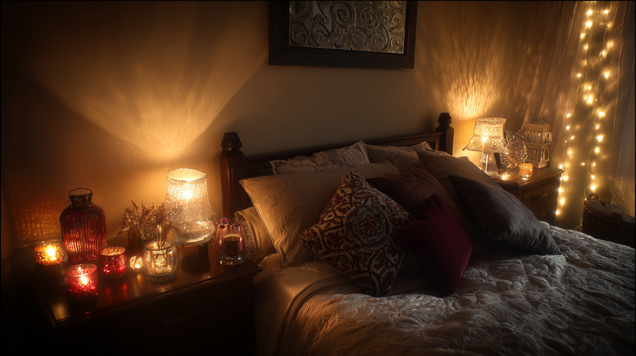 Soft ambient bedroom lighting setup, layered light sources, bedside lamps, fairy lights, candles, moody and relaxing atmosphere