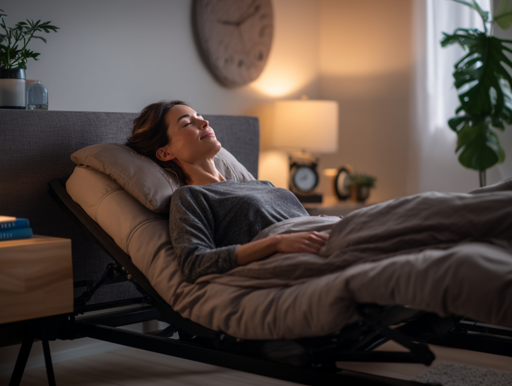 Back sleeper on an adjustable bed in mild zero-gravity pose: head elevated ~15°, knees elevated ~20°, neutral lumbar curve supported