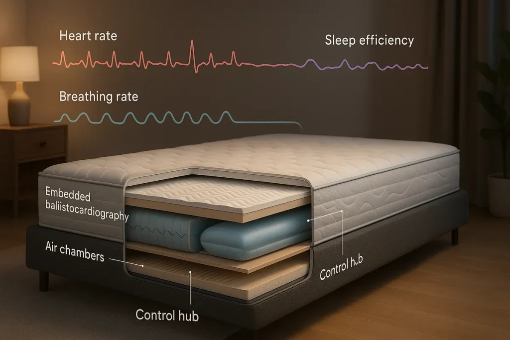 Cutaway of a smart mattress showing embedded ballistocardiography sensors, air chambers, and a control hub; overlay graphs for heart rate, breathing rate, and sleep efficiency