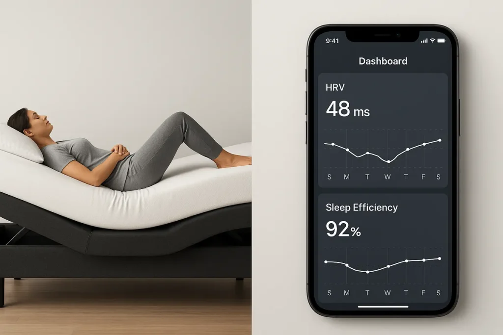 Split-screen visual: left shows adjustable bed easing sciatica with gentle head/leg lift; right shows smart mattress dashboard with weekly HRV and sleep efficiency trends