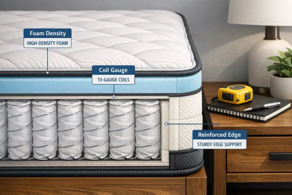 Close-up of a hybrid mattress cross-section labeled with coil gauge, foam density, and reinforced edge, clean infographic style, apartment setting tools (tape measure, notebook) on nightstand