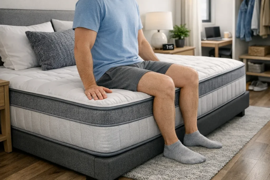 Person sitting comfortably on the edge of a hybrid mattress with reinforced perimeter coils, showing minimal sink at the edge, compact studio bedroom with narrow walkway