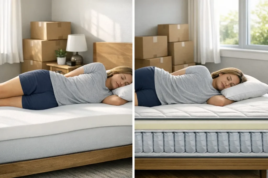 Side sleeper comparing a medium all-foam mattress vs a medium hybrid: split scene shows shoulder/hip pressure relief on foam and slightly higher lift on hybrid coils, small studio bedroom with boxes, natural morning light