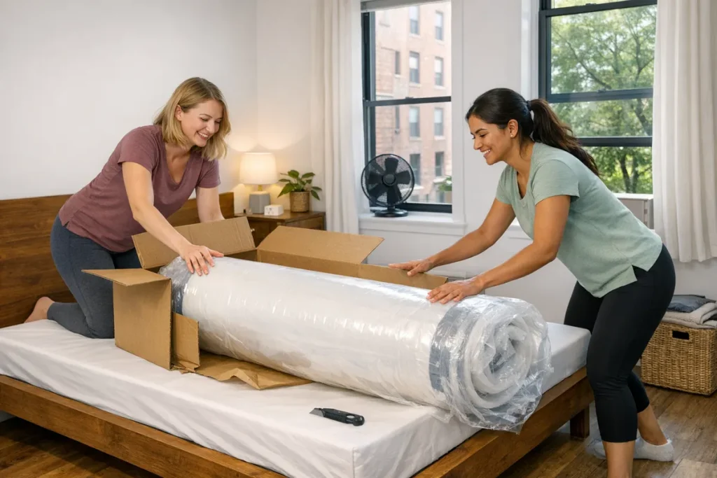Two roommates unboxing a queen foam mattress-in-a-box in a small walk-up apartment bedroom, box on platform bed, windows open for ventilation, step-by-step setup vibe