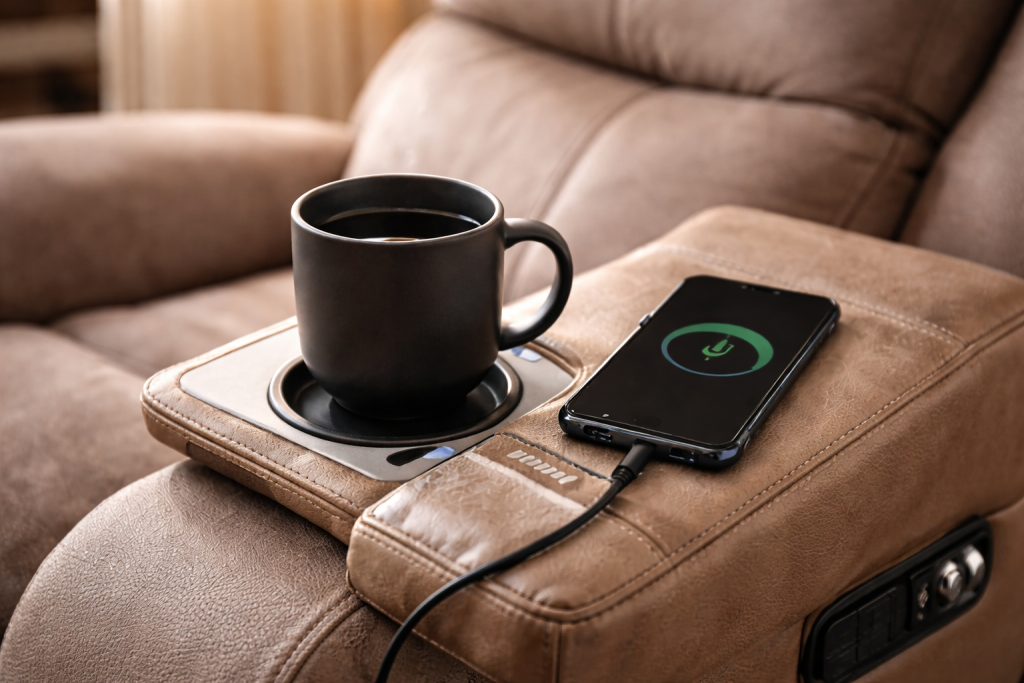 Pull-out armrest tray from a lift chair with a cup holder and wireless charging pad holding a smartphone.