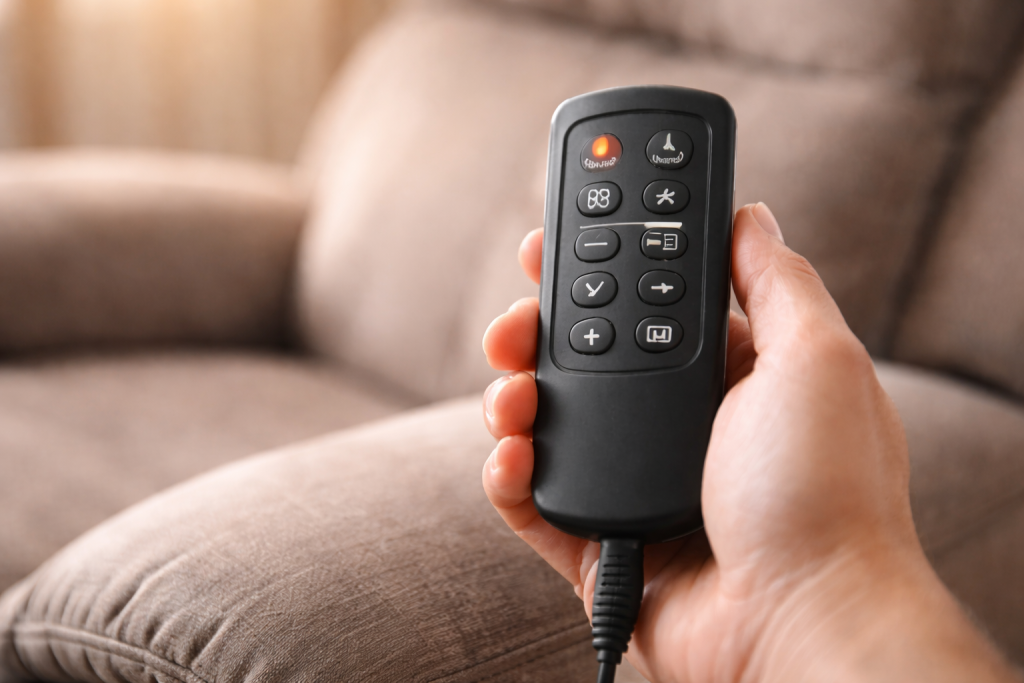 Close-up of a hand holding a lift chair remote with heat and massage controls.