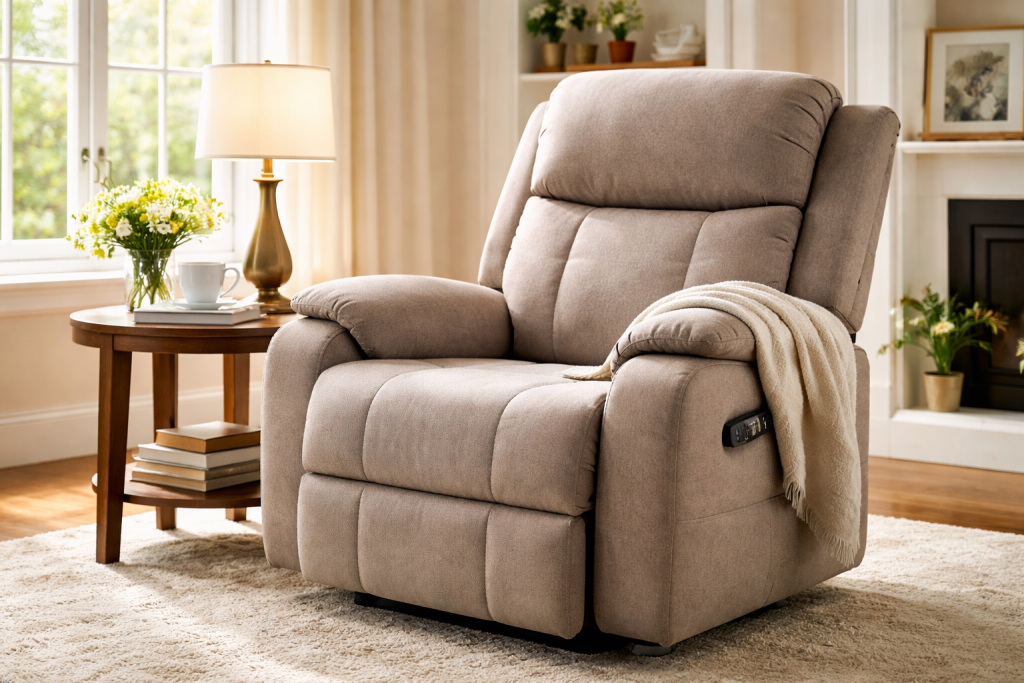 Motorized lift chair in a bright, modern living room with a side table and warm lighting.