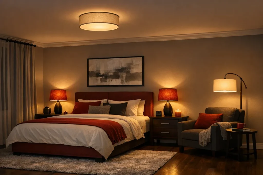 Cozy large bedroom lighting setup with two warm bedside lamps, a dimmable overhead fixture, and a floor lamp beside a reading chair, evening ambiance, warm 2700K glow, relaxing sleep-friendly mood