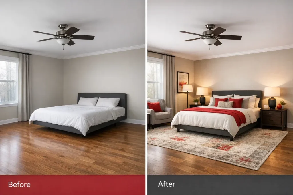 Large master bedroom before-and-after concept showing a 16x18 room with a floating bed and empty floor, then redesigned with a rug under the bed, matching nightstands, a reading chair and lamp zone