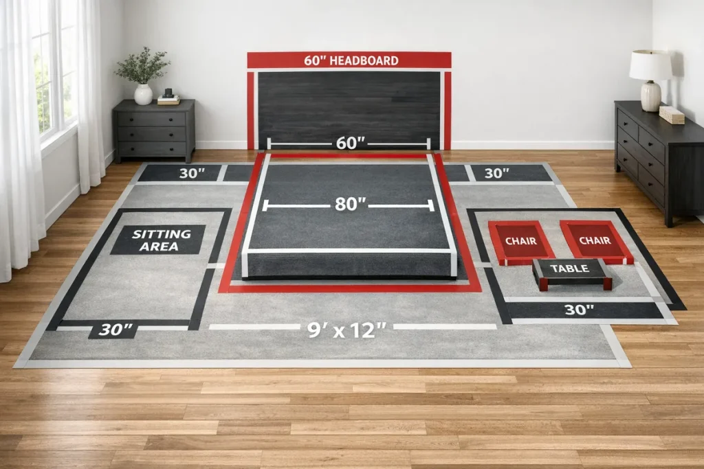 Tape-on-floor space planning in a large bedroom showing measured rug outline, bed placement, and a marked sitting area with clear 30-inch walkways, bright daytime lighting, practical cozy layout planning