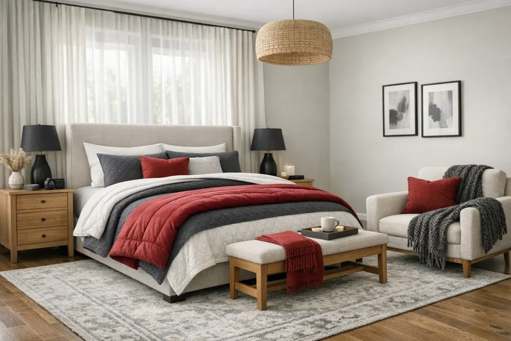 Warm and inviting large bedroom decor with layered bedding (quilt plus comforter), oversized area rug, light-filtering curtains, textured throw on an armchair, neutral palette with one accent color, calm cozy