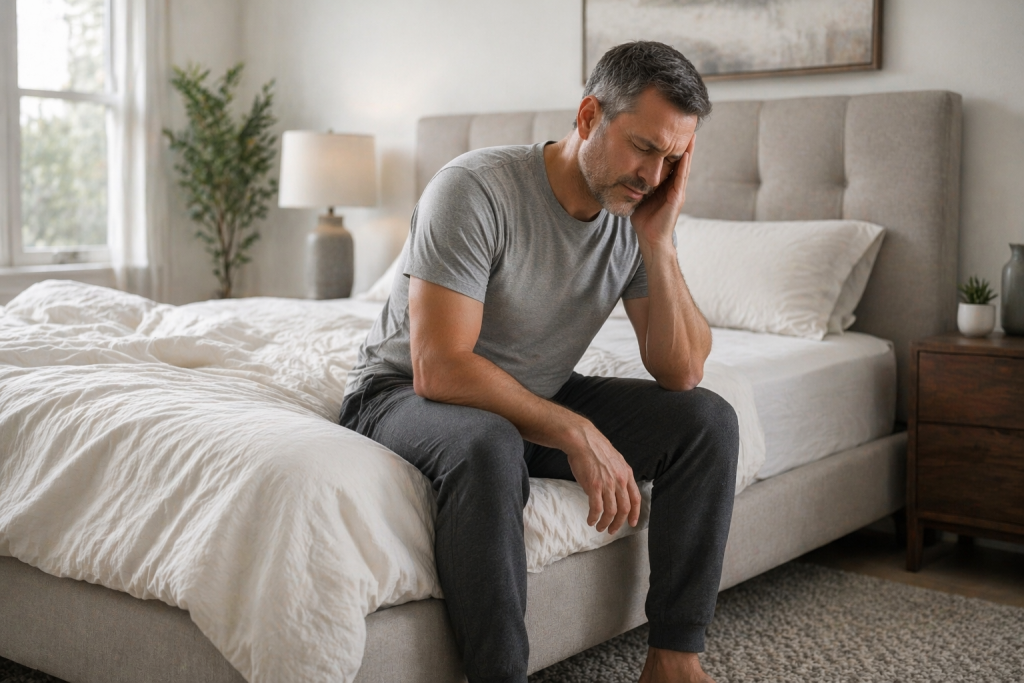 Person sitting on bed looking uncomfortable after waking up