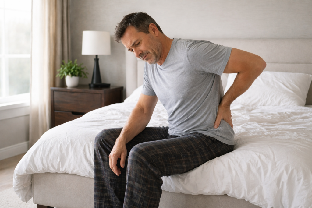 Man waking up with back discomfort while sitting on the bed