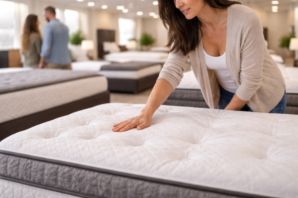Customer testing a mattress in a showroom