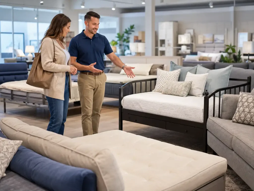 Sleep specialist helping a customer compare futons, sleeper sofas, and daybeds in a showroom