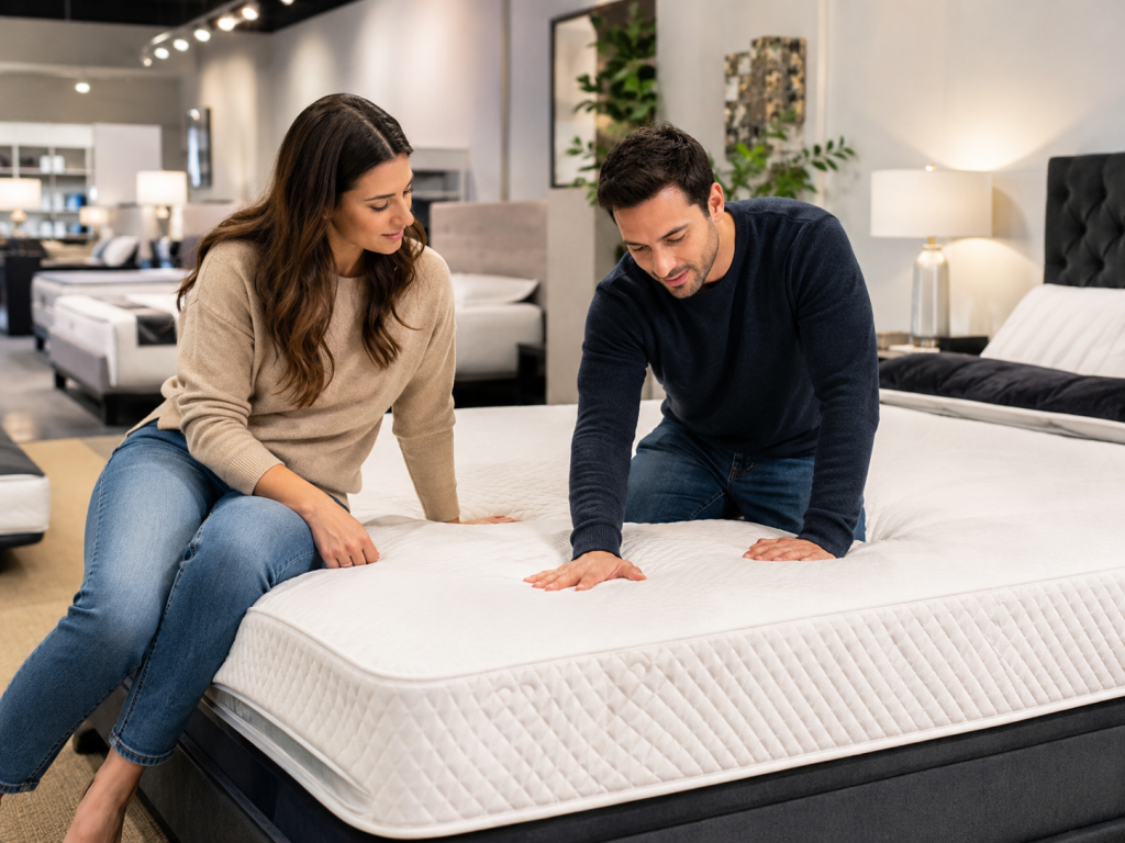 Couple testing a mattress together in a showroom