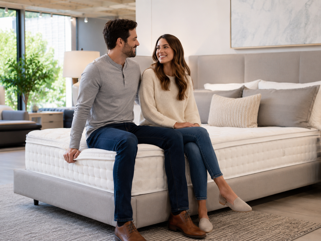 Couple sitting on bed discussing sleep comfort and mattress choices