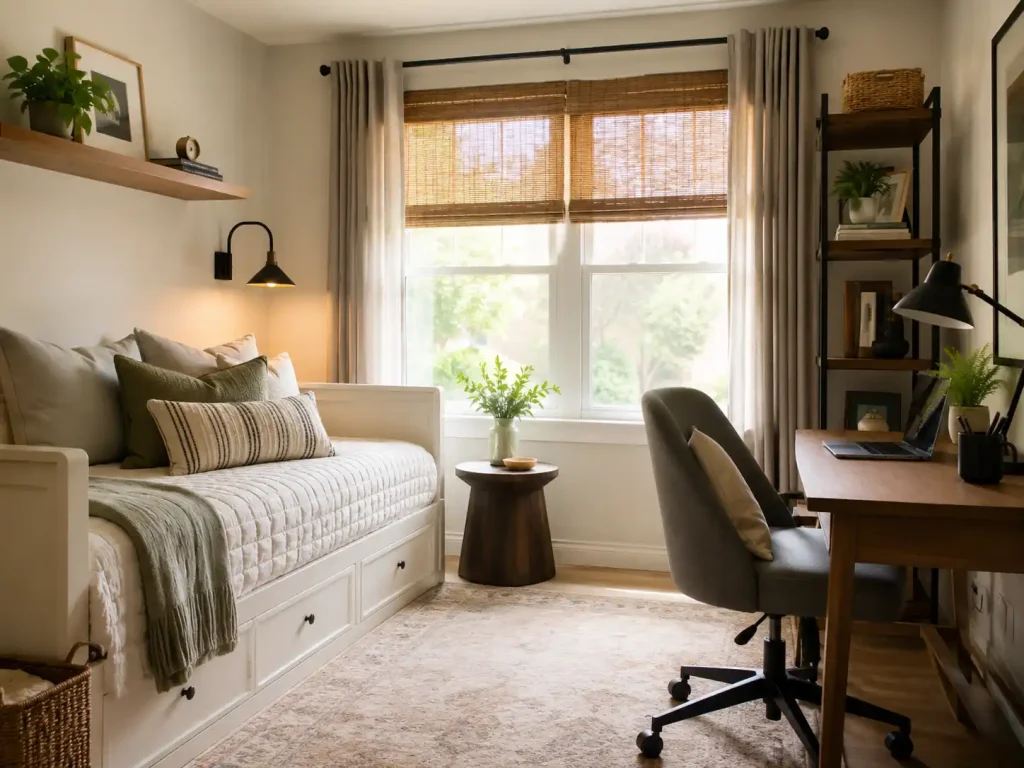 Flexible guest room and home office with a daybed, desk, and cozy neutral decor