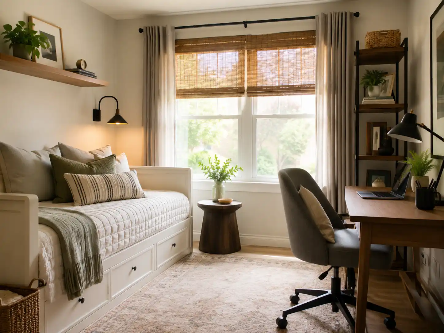 Flexible guest room and home office with a daybed, desk, and cozy neutral decor