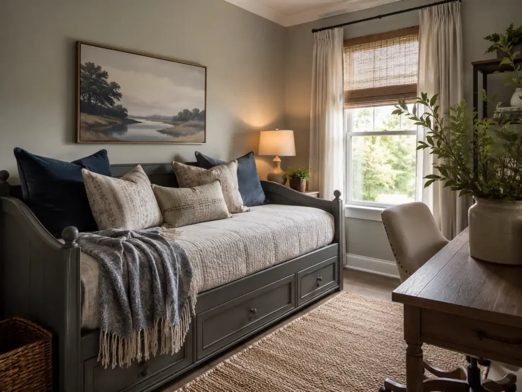 Styled daybed in a small guest room or home office with pillows and cozy bedding