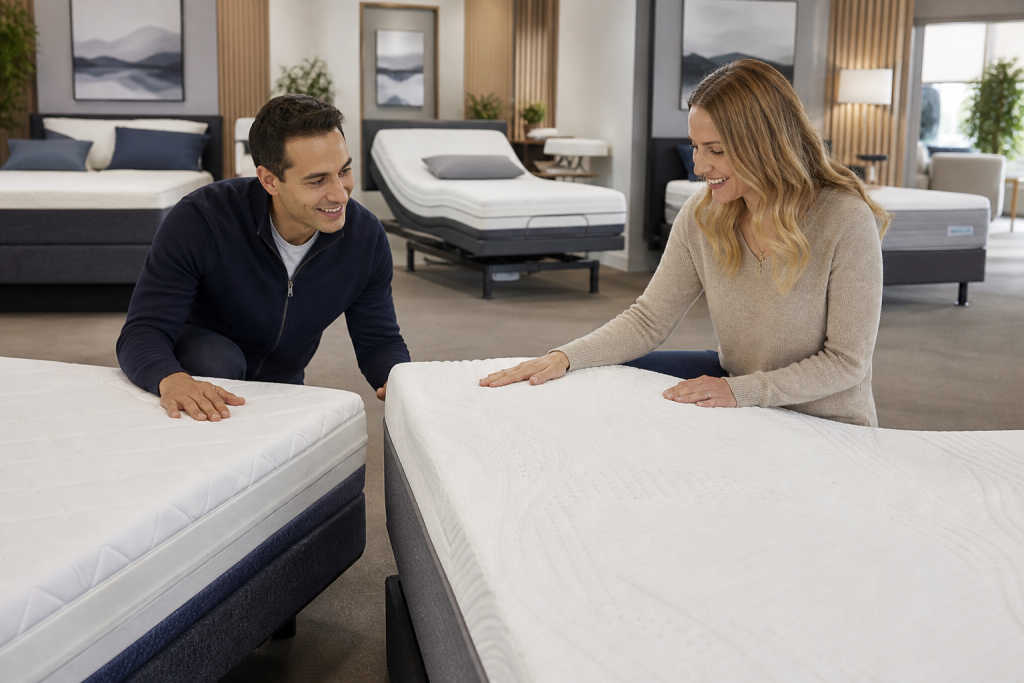 Customer comparing adjustable base compatible mattresses in a showroom.