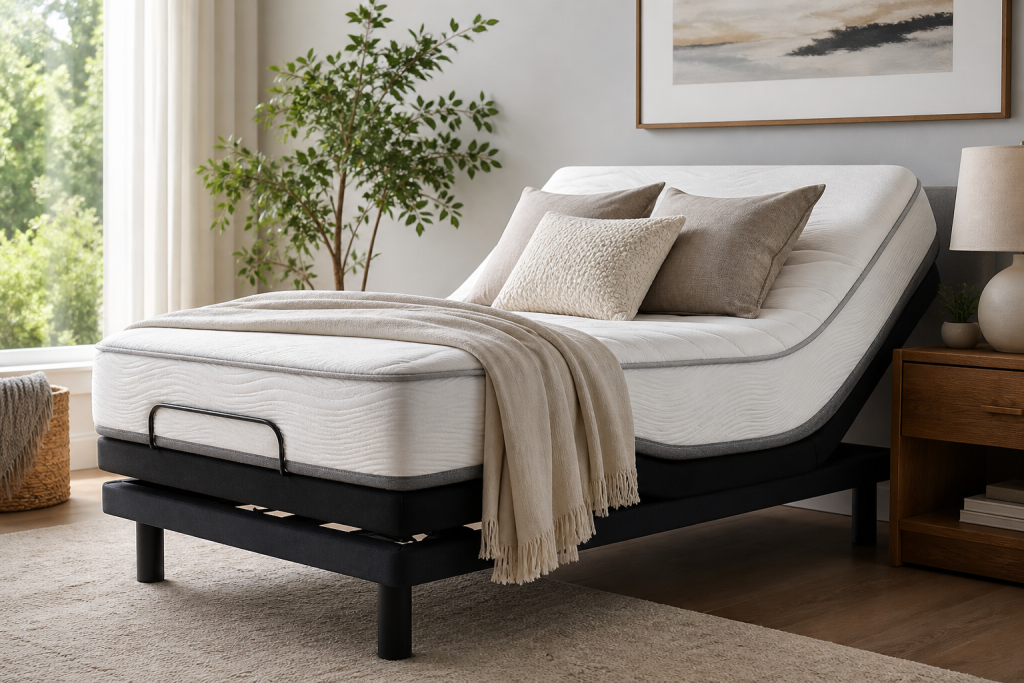 Adjustable bed base with compatible mattress in a modern bedroom.