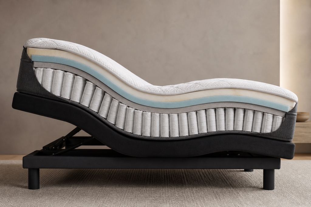 Hybrid mattress construction flexing on an adjustable base.