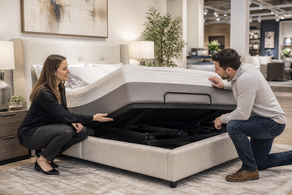Adjustable base fitted inside an existing bed frame.