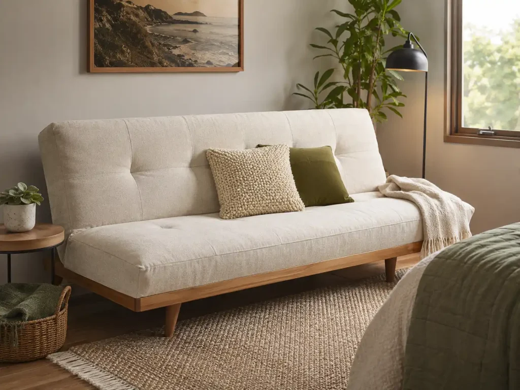 Modern futon in a cozy guest room with neutral pillows and soft natural light