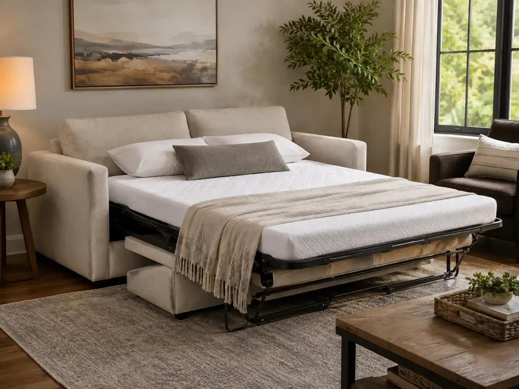 Sleeper sofa opened into a bed in a comfortable living room for overnight guests