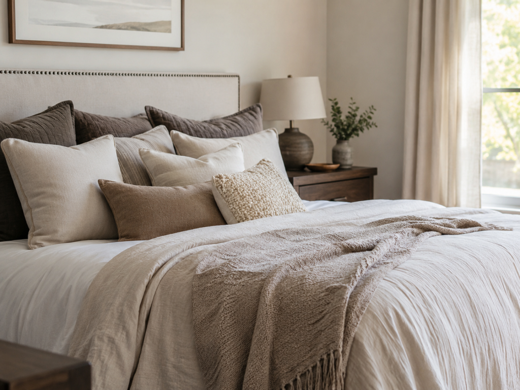 Different pillows arranged on a comfortable bed for choosing the best pillow by sleep position