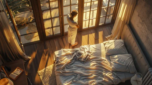Aeriel view of a girl looking out her bedroom windows