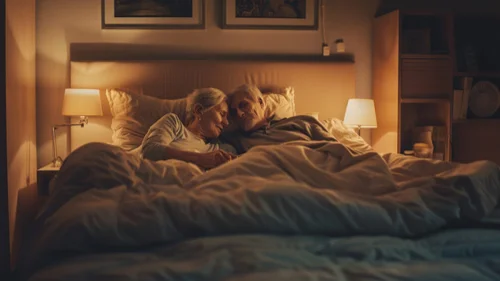 Senior couple cuddled up in bed