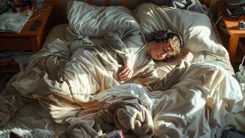 Teen boy asleep in his bed