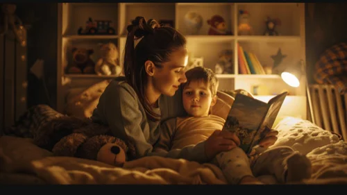 A mother reading a bed time story to her child