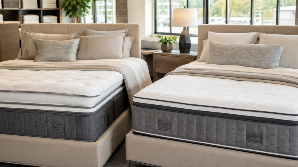 Pillow top and Euro top mattresses displayed side by side