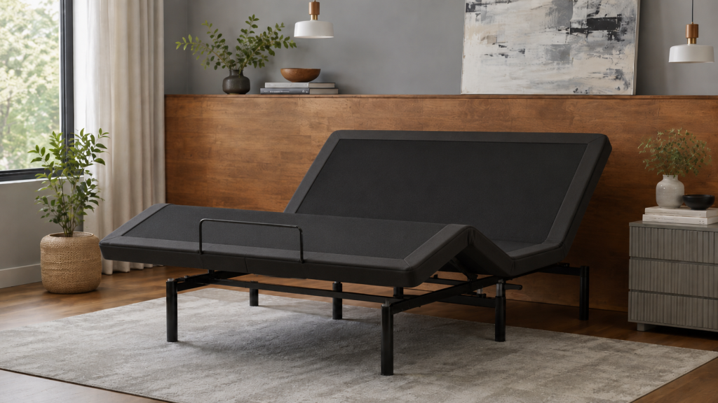 Modern, adjustable, bed base, in a serene bedroom
