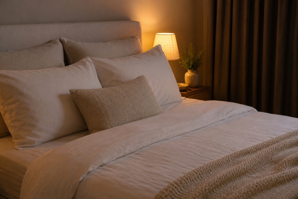 Comfortable bed and supportive pillows in a restful sleep environment