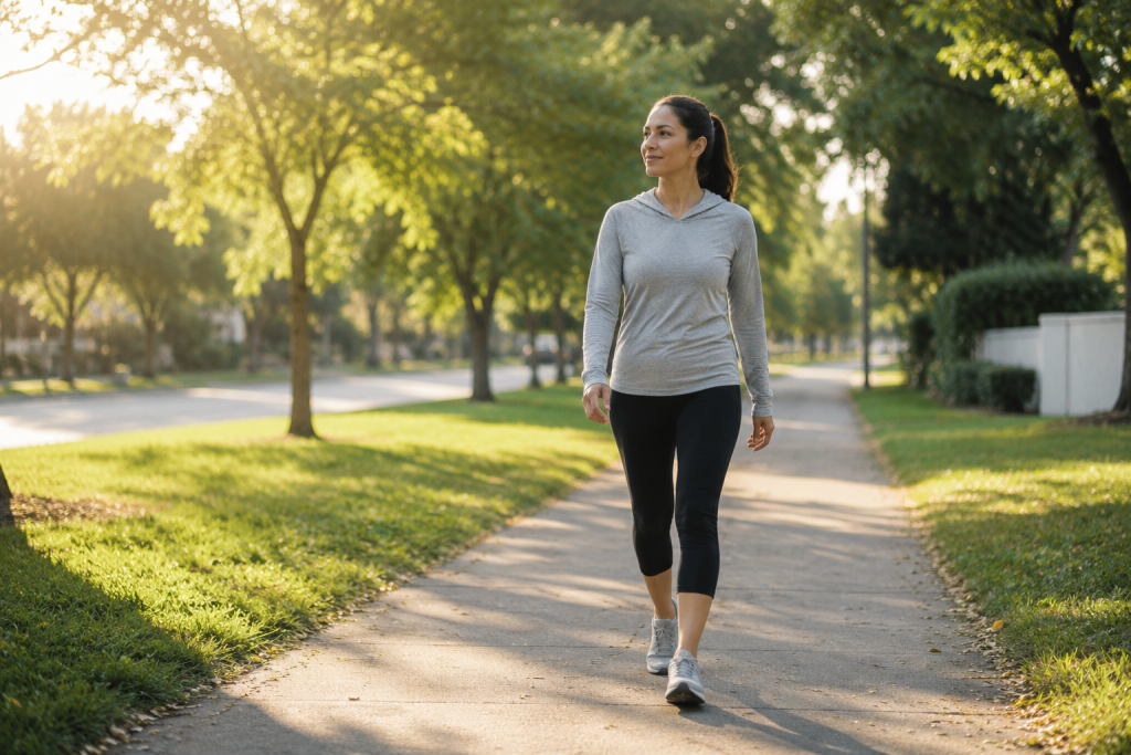 Person walking in morning sunlight to support a healthy sleep schedule