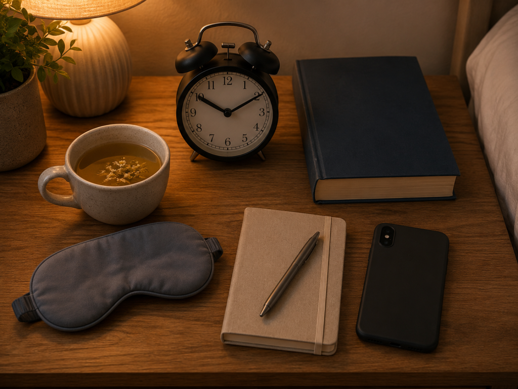 Bedtime items representing healthy sleep hygiene habits