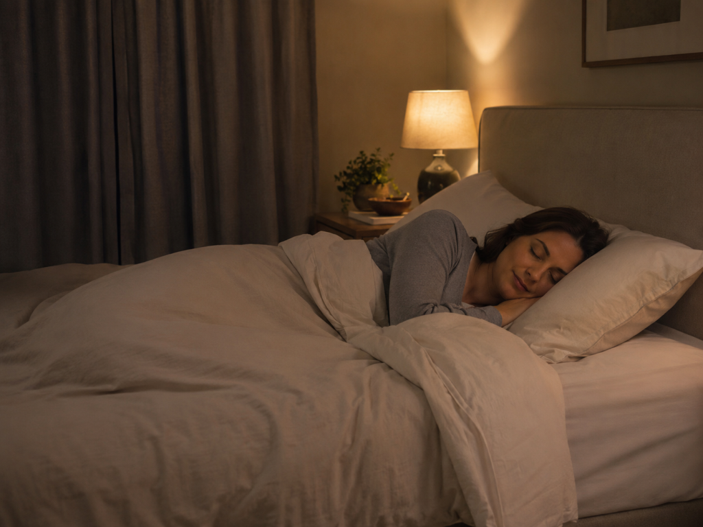 Person sleeping peacefully in a calm, comfortable bedroom