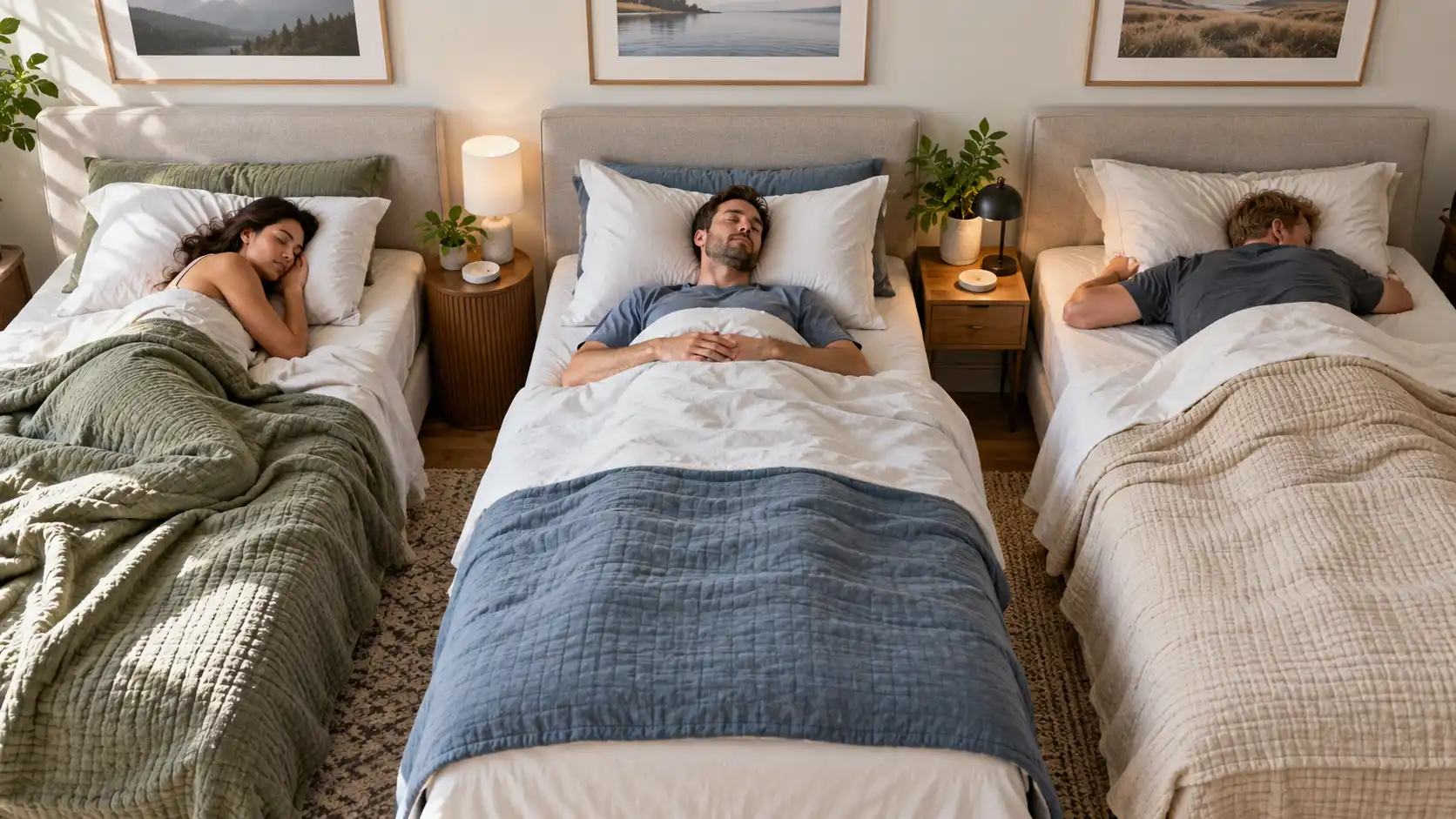 Side, back and stomach sleepers demonstrating different sleeping positions